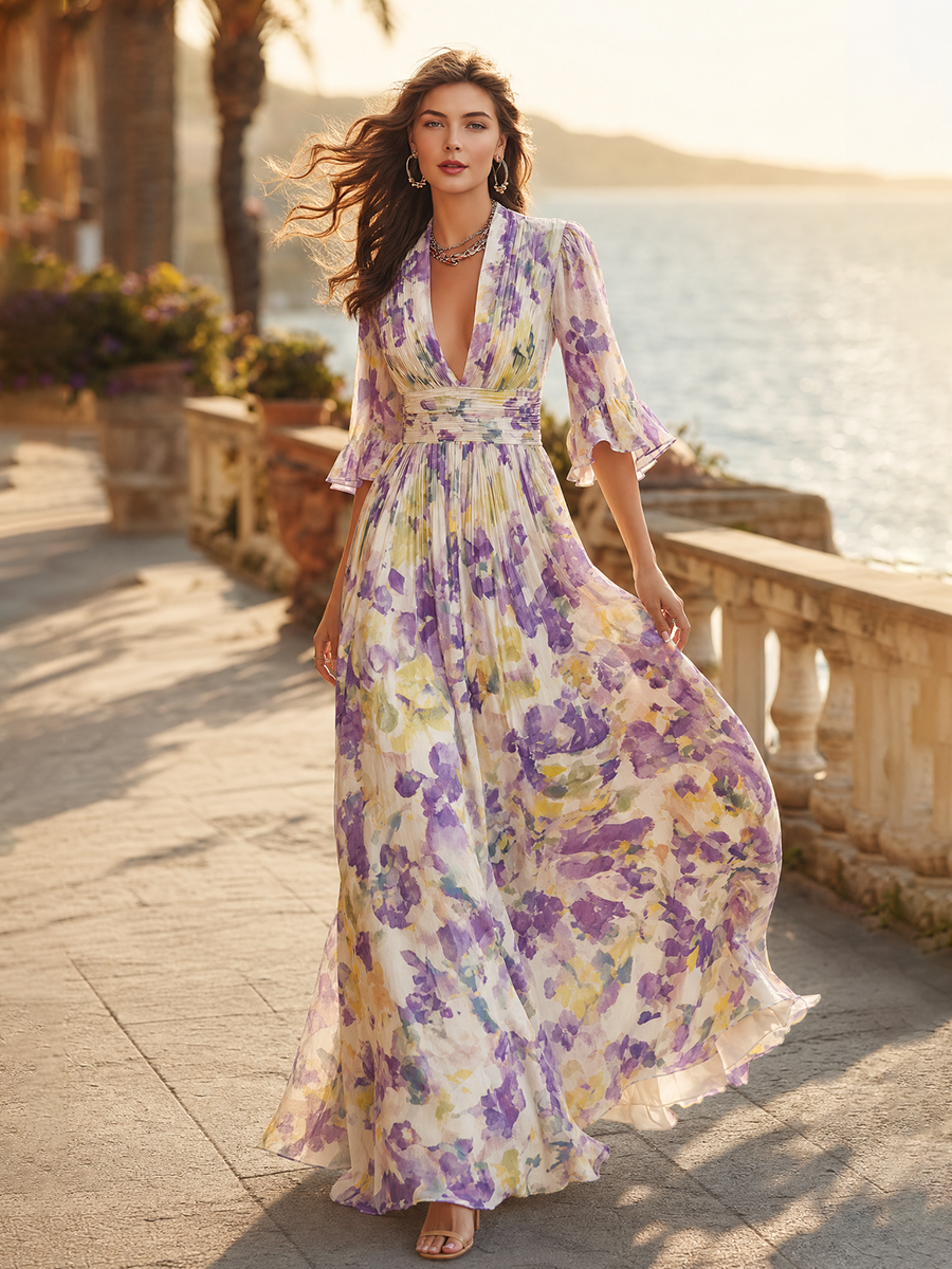 Elegant V-neck Flared Sleeves Floral Print Chiffon Maxi Dress