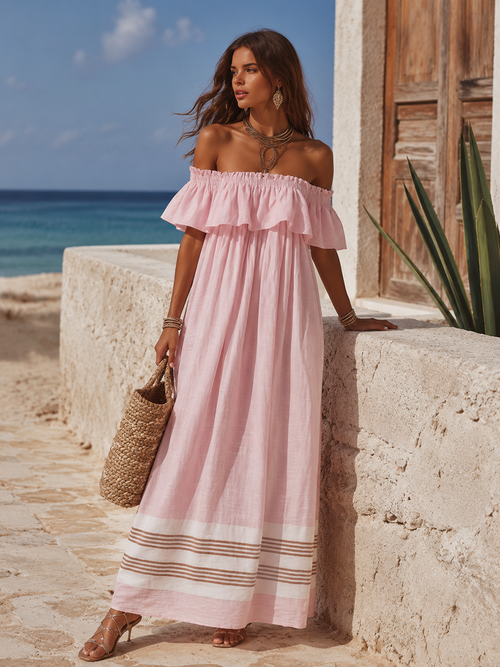 Bohemian Vacation Off-the-shoulder Ruffled Color-blocked Striped Maxi Dress