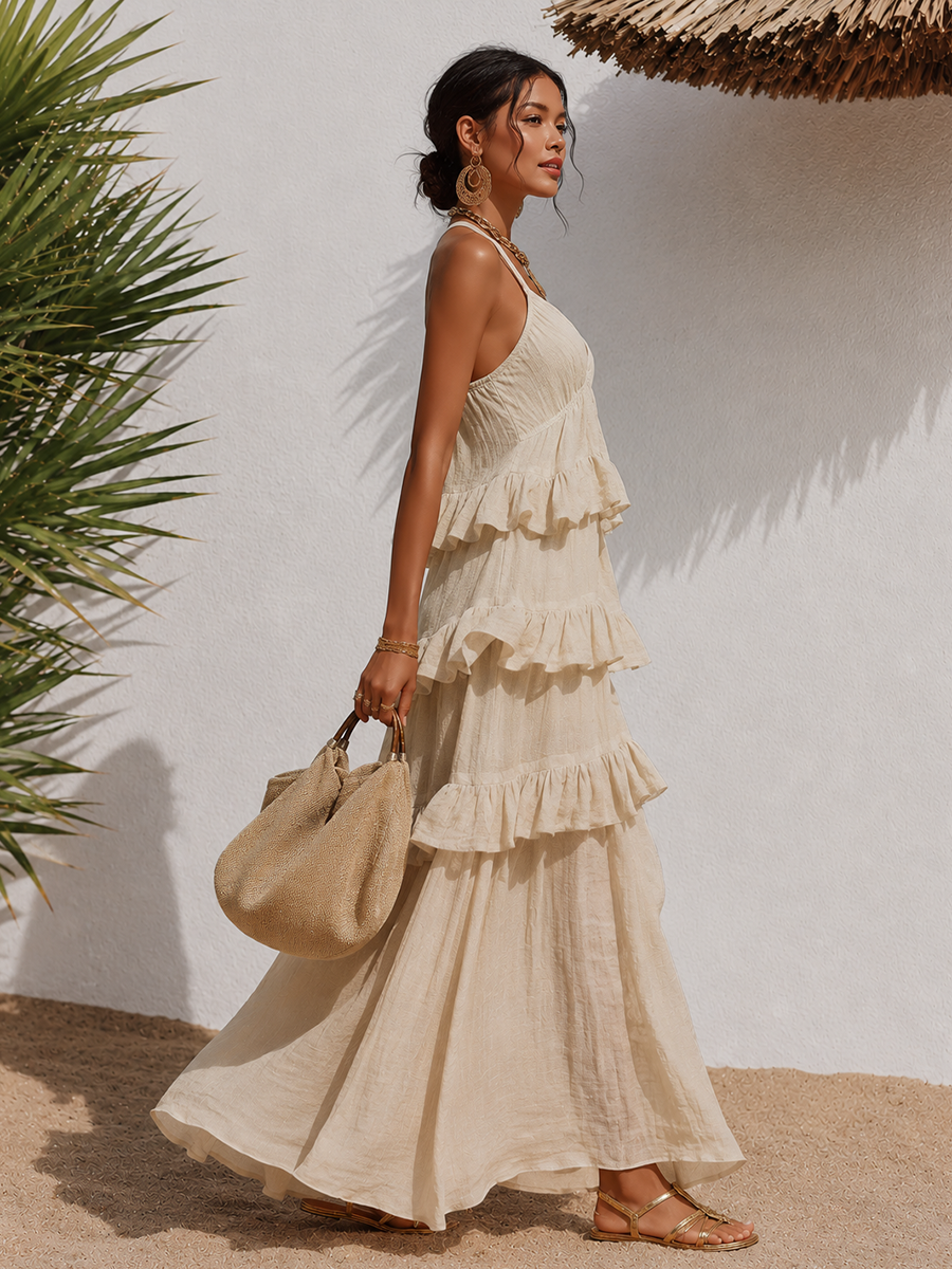 Relaxed Minimalist Solid Color Ruffled Cotton Linen Camisole Dress