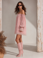 Retro-chic Off-shoulder Lace Trim Faux Suede Mini Dress