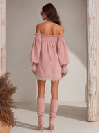 Retro-chic Off-shoulder Lace Trim Faux Suede Mini Dress