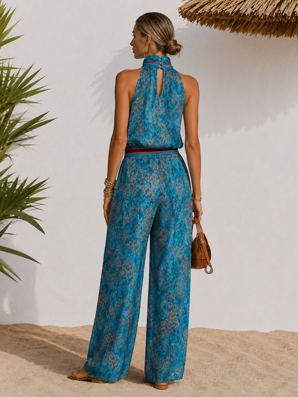 Retro-chic Leopard Print Chiffon Top And Wide-leg Pants Set