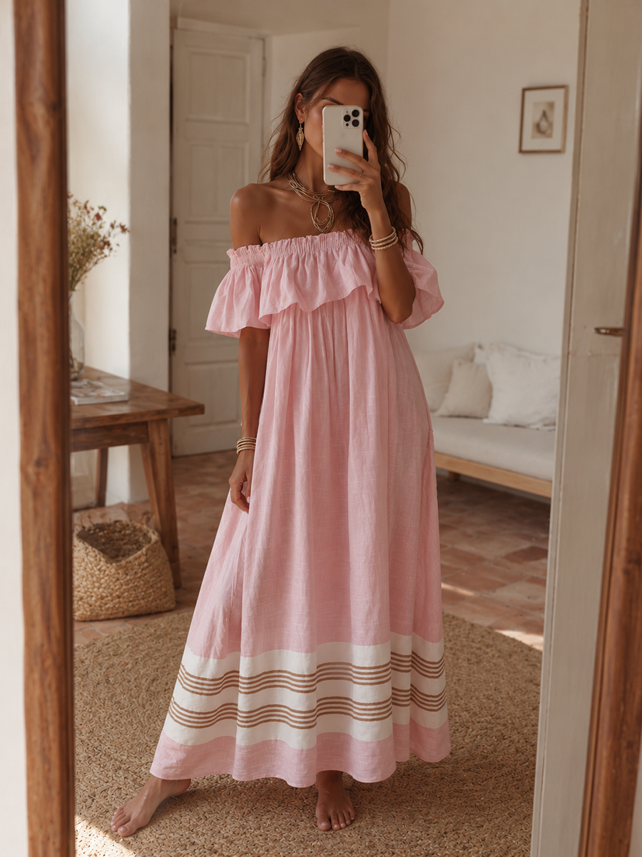 Bohemian Vacation Off-the-shoulder Ruffled Color-blocked Striped Maxi Dress