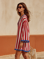 Retro Classic Color-blocked Striped V-neck Mini Dress