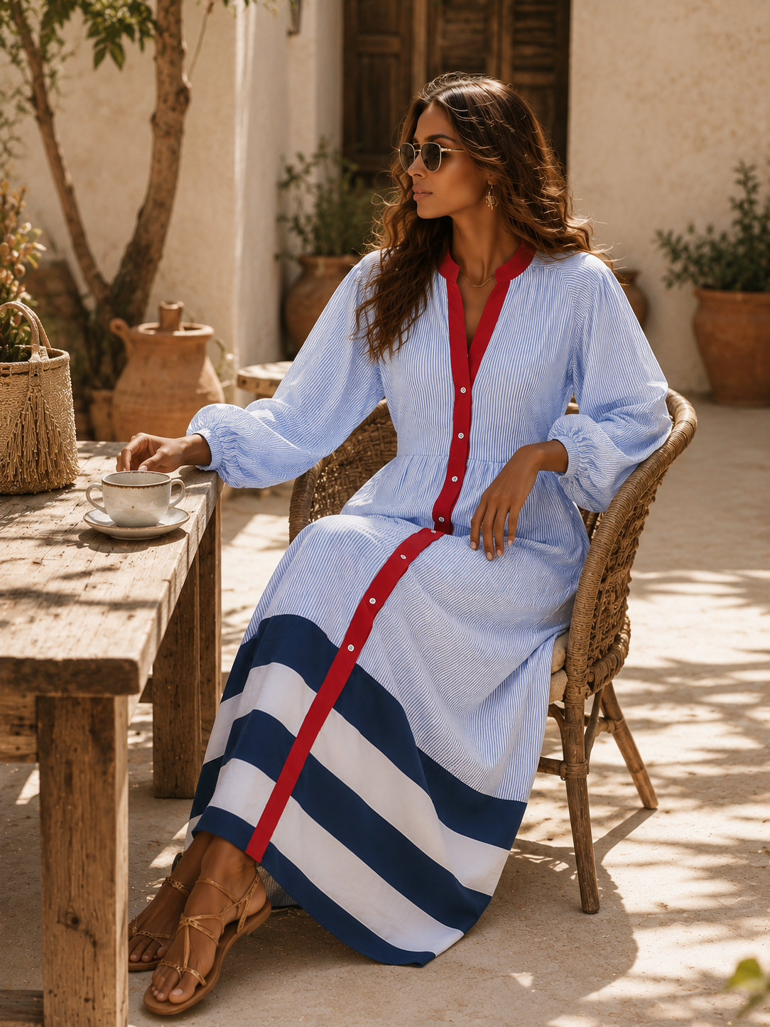 Retro-design Color-blocked Striped Midi Dress