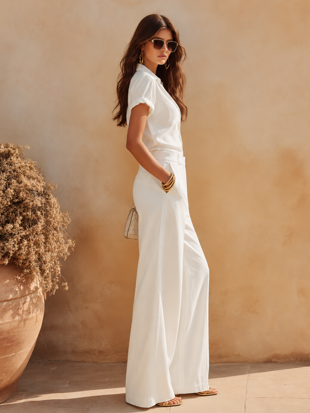 Elegant And Sophisticated Solid Color Short-sleeved Shirt And Flared Trousers Set