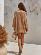 Stylish Relaxed Lace Trim V-neck Knitted Mini Dress