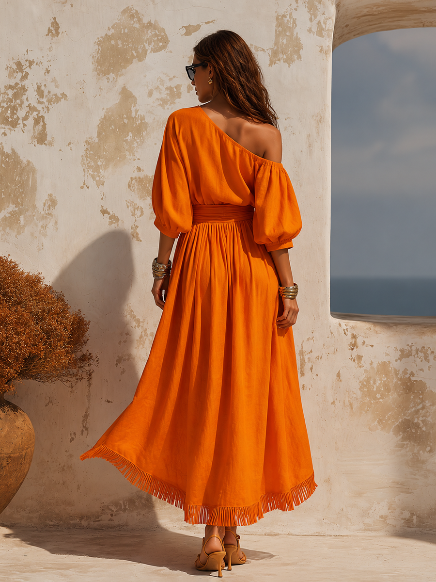 Elegant Vacation-style One-shoulder Cotton And Linen Maxi Dress