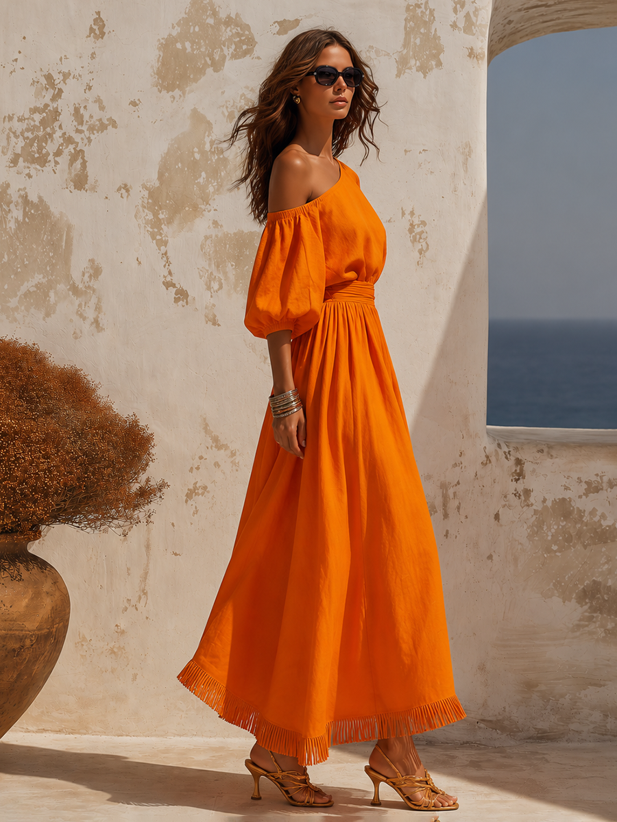 Elegant Vacation-style One-shoulder Cotton And Linen Maxi Dress
