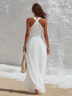 Elegant Resort-Style Solid Color Pleated Dress