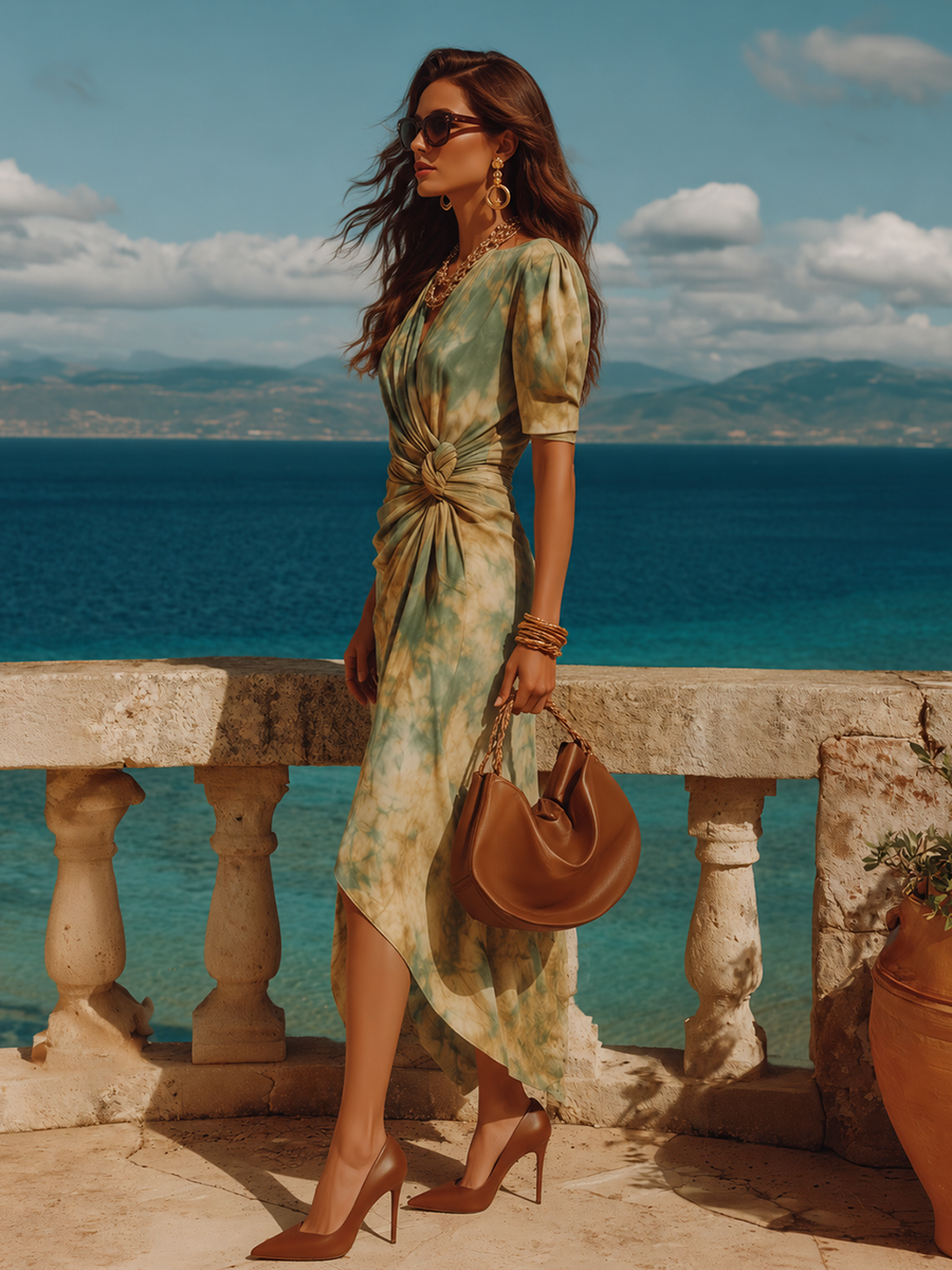 Vacation Sexy V-neck Tie-dye Print Midi Dress