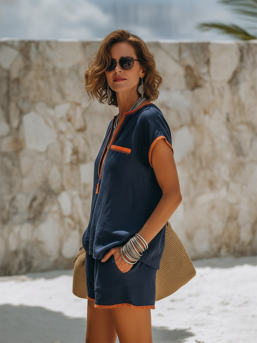 Retro Vacation Short-Sleeve Top And Shorts With Contrast Trim Cotton-Linen Set