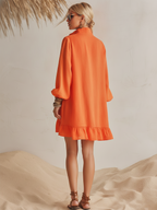 Vibrant Resort Orange Cotton Linen Long Sleeve Half-Zip Stand Collar Ruffled Hem Mini Dress