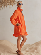 Vibrant Resort Orange Cotton Linen Long Sleeve Half-Zip Stand Collar Ruffled Hem Mini Dress
