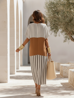 Old Money Striped Patchwork Short-Sleeve Cotton-Linen Midi Dress