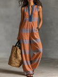 Embroidered Trim Striped Sleeveless Wide-Leg Jumpsuit