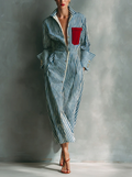 Blue Stripe Contrast Pocket Long Sleeve Shirt Dress
