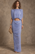 Blue Ruched Two-Piece Skirt Set