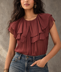 Burgundy Ruffle Sleeve Chiffon Blouse