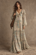 Cream Paisley Print Ruffle Maxi Dress