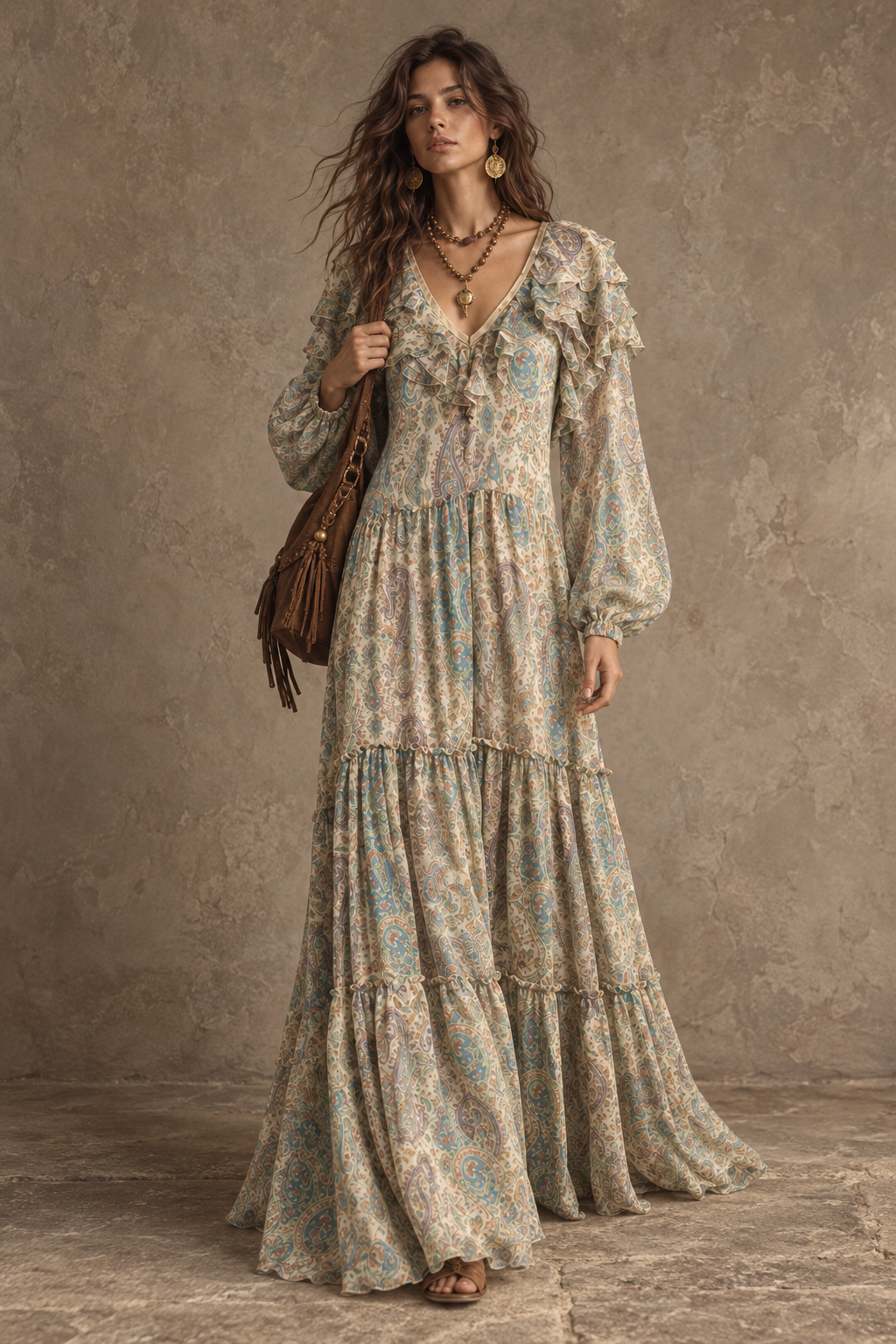 Cream Paisley Print Ruffle Maxi Dress