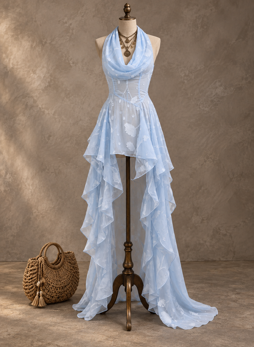 Blue Lace Halter High-Low Maxi Dress