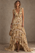 Cream Floral Cutout Tiered Maxi Dress