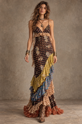 Multicolor Patchwork Ruffle Maxi Dress