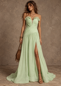 Light Green Pleated High Slit Maxi Dress