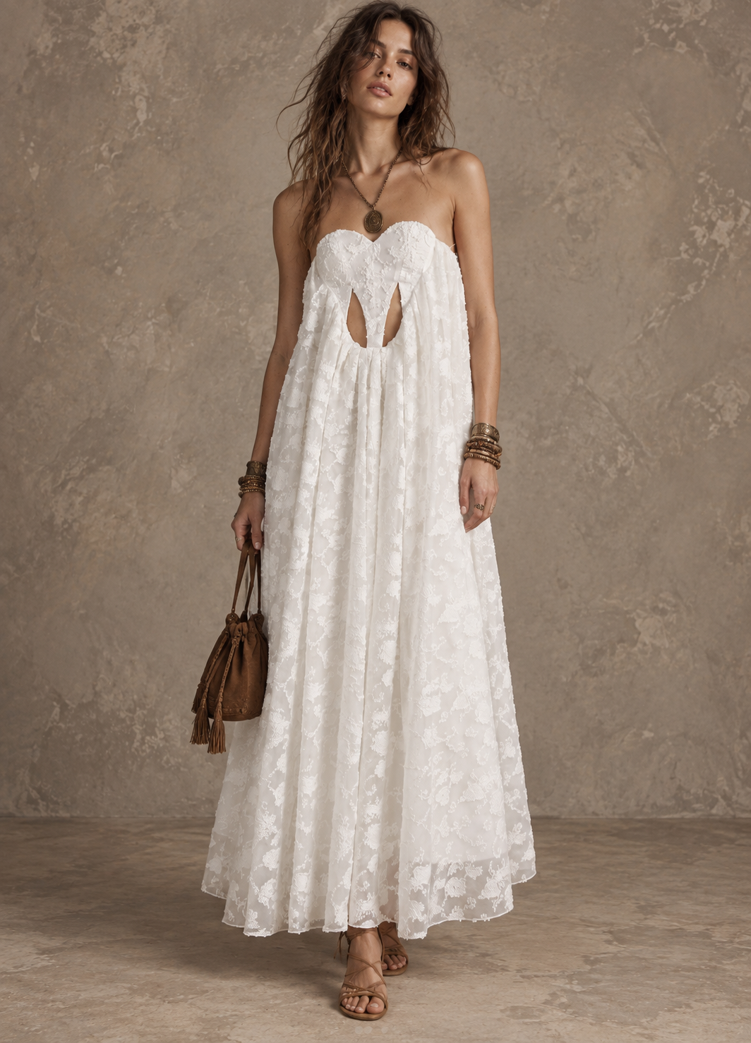 Cream Lace Cutout Maxi Dress