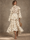 Cream Polka Dot Ruffle Midi Dress