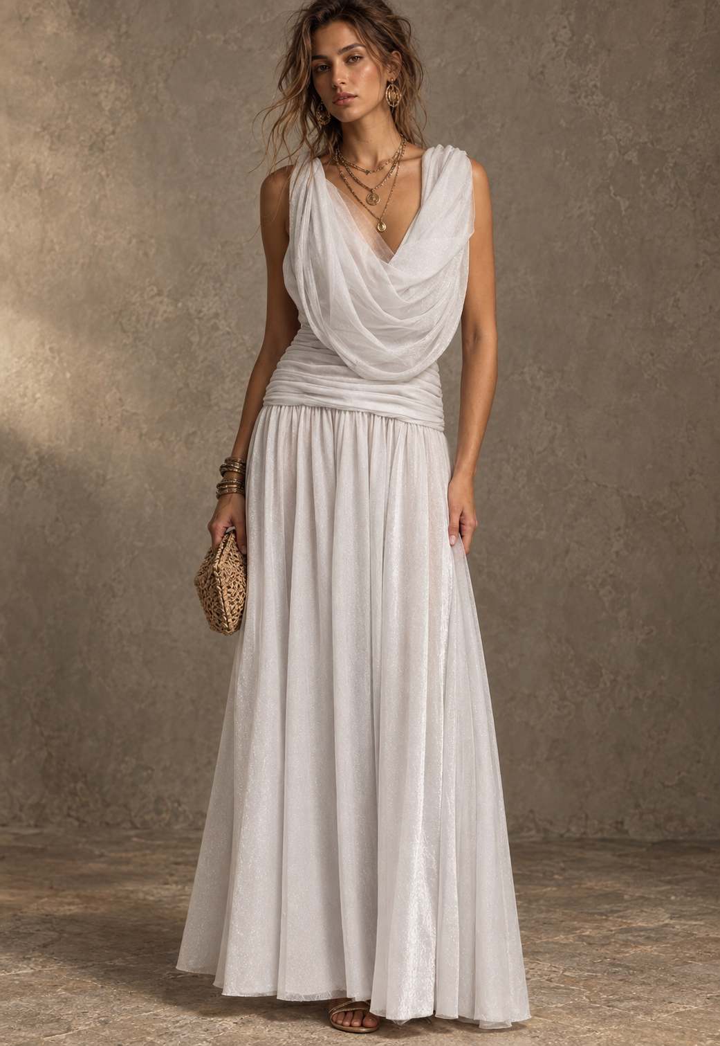 White Draped Cowl Neck Maxi Dress