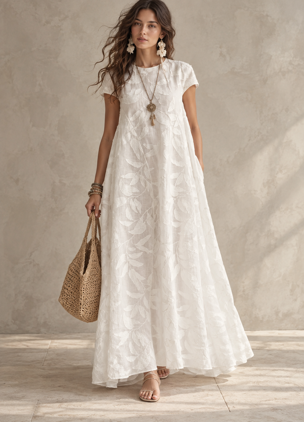 White Embroidered Leaf A-Line Maxi Dress