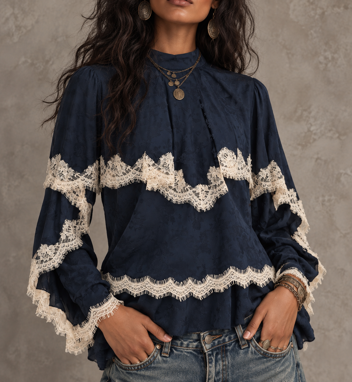 Navy Lace Trim Bell Sleeve Blouse