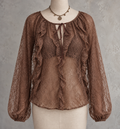 Brown Sheer Lace Ruffle Blouse