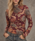 Burgundy Floral Print Mock Neck Top