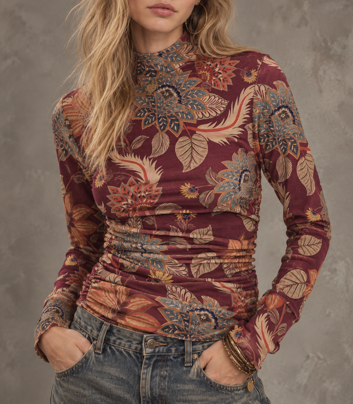 Burgundy Floral Print Mock Neck Top