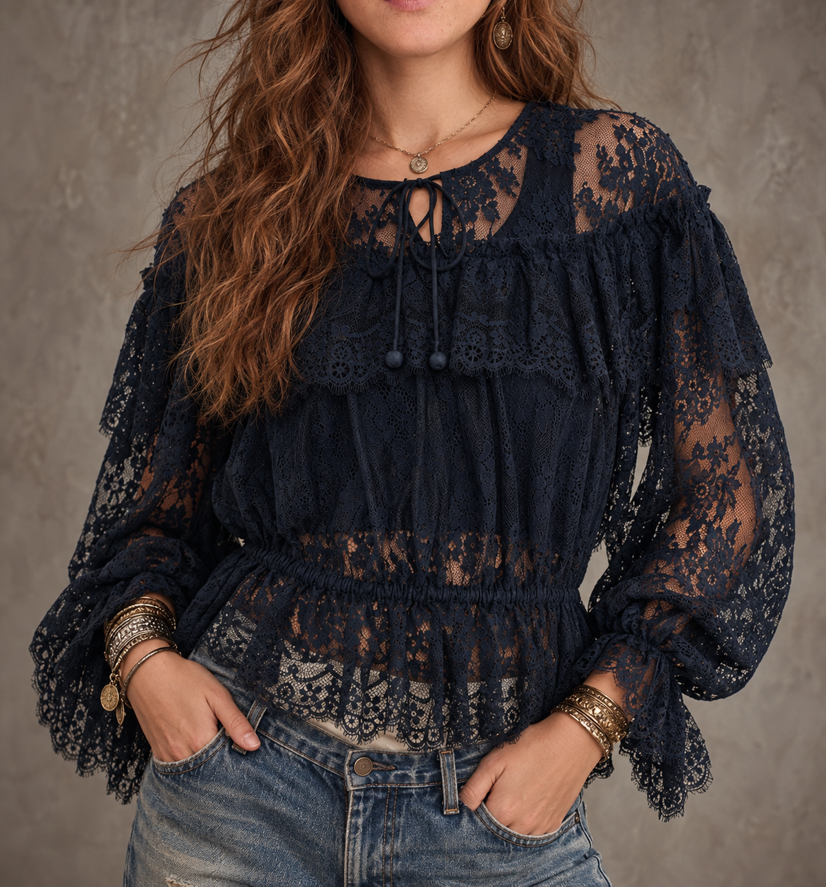 Navy Sheer Lace Ruffle Peplum Blouse