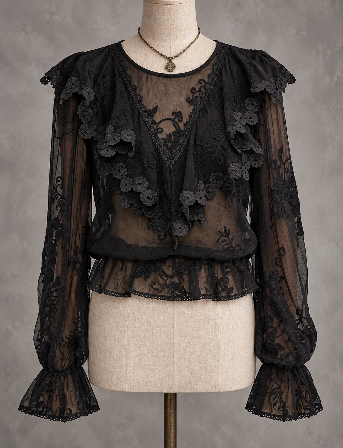 Black Sheer Lace Ruffle Blouse