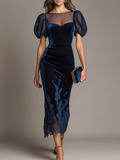 Sheer Puff Sleeve Velvet Lace Midi Dress