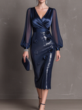 Surplice V-Neck Sequin Rose Midi Dress