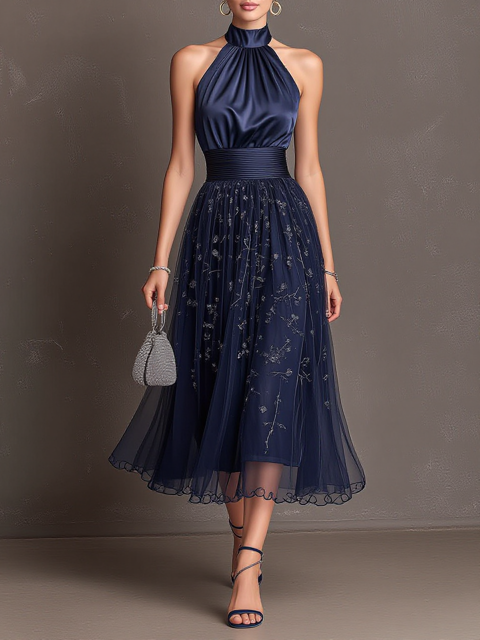 Halter Satin Floral Branch Embroidered Tulle Midi Dress