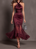 Crisscross Halter Satin Lace Mermaid Midi Dress
