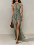 Halter Neck Twist Front Slit Maxi Dress
