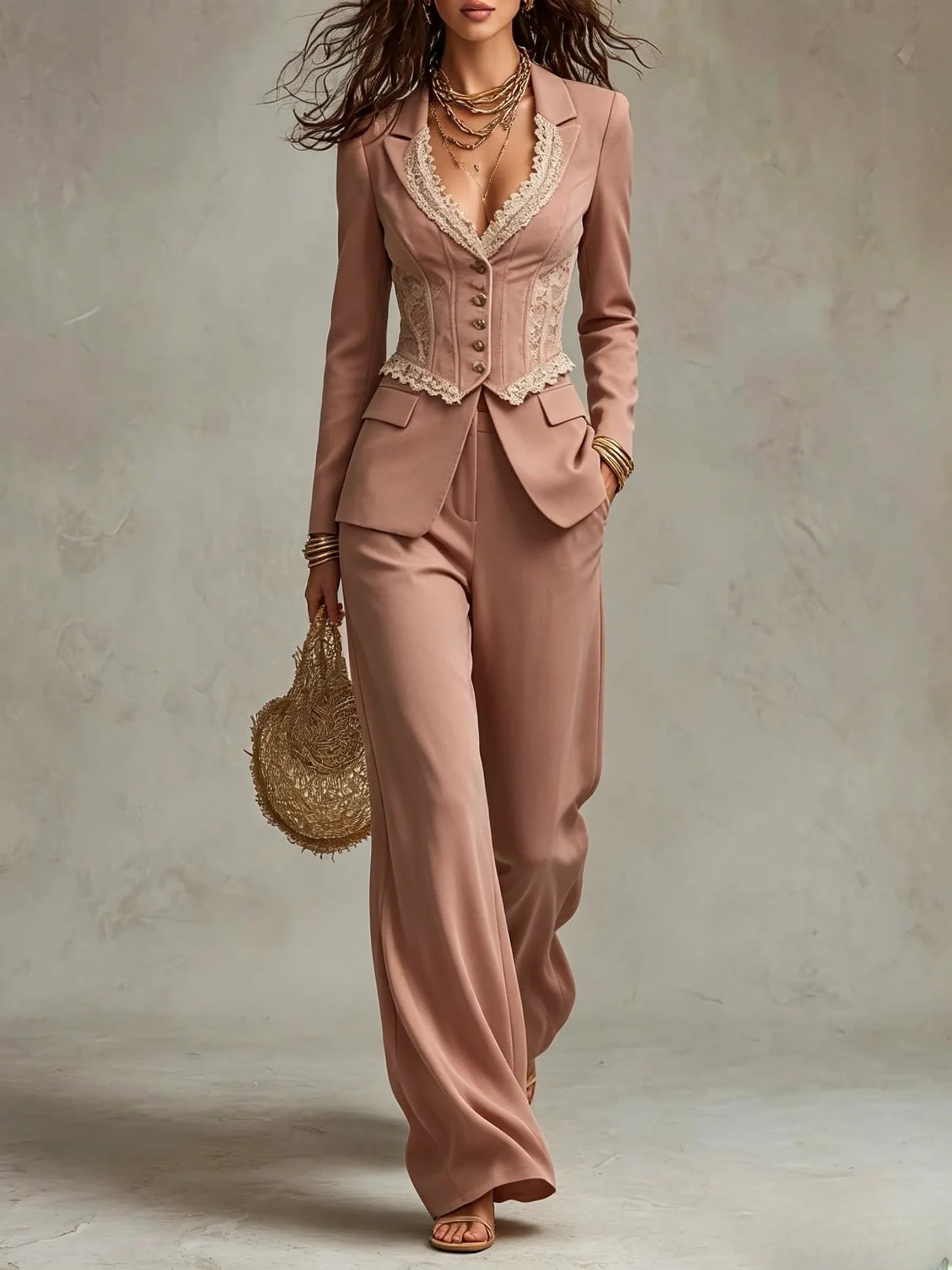 Lace Trim Corset Blazer & Wide Leg Pants Set