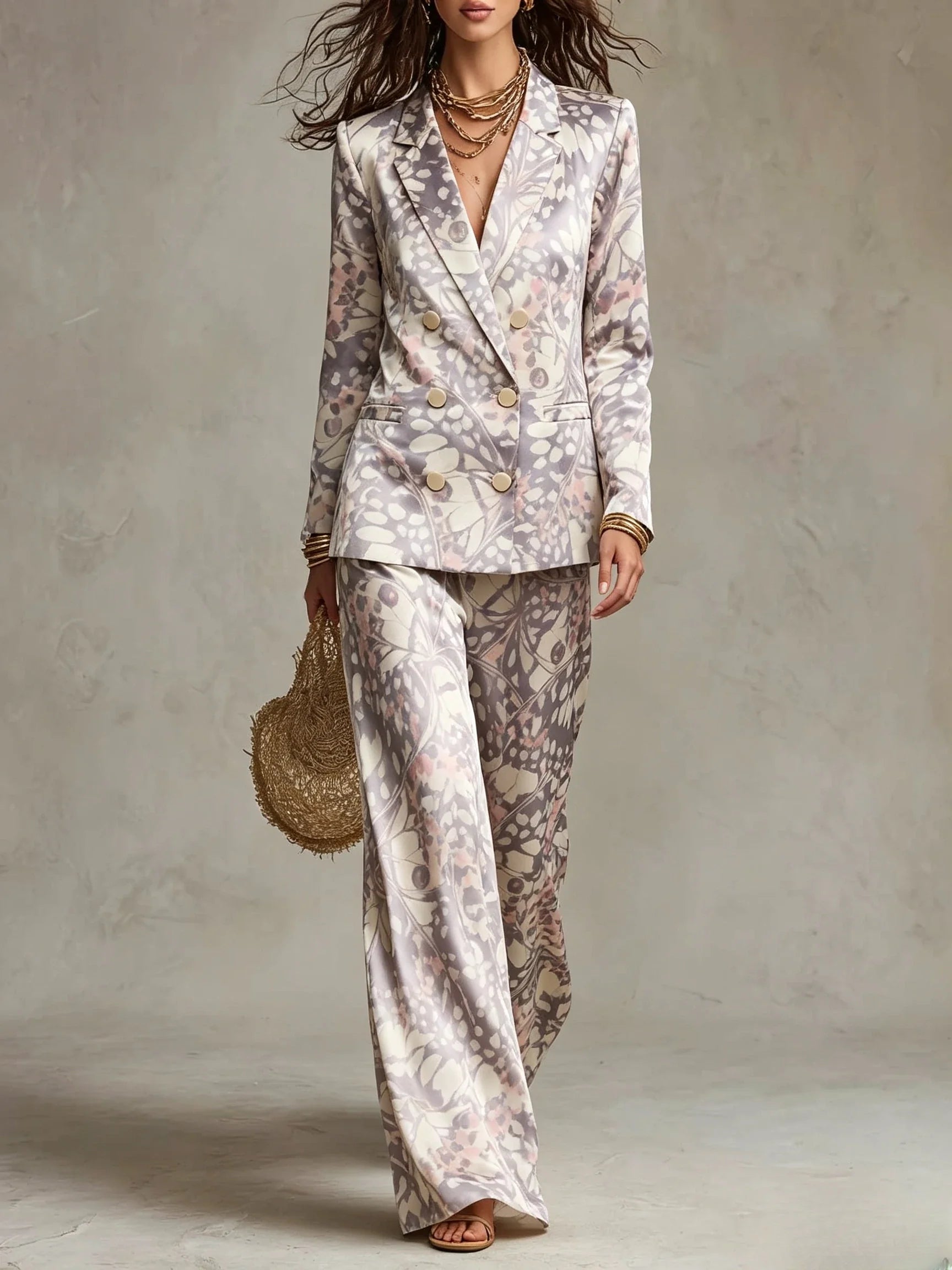 Abstract Print Double Breasted Satin Blazer Set