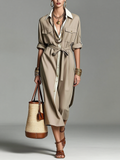Contrast Collar Belted Shirt Midi Dress