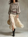 Knit Twist Cape Sweater And Ruffled Midi Skirt Set