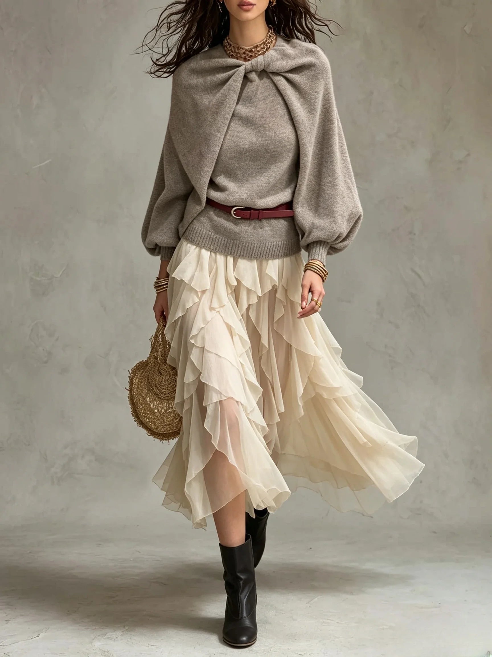 Knit Twist Cape Sweater And Ruffled Midi Skirt Set