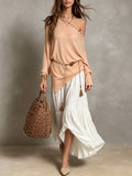 Studded Asymmetric Knit Top And Layered Maxi Skirt Set
